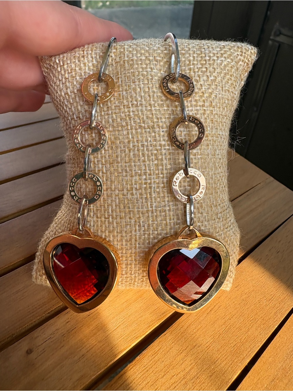 Rebecca Dangle Heart Earrings with Faceted Dark Garnet Stones